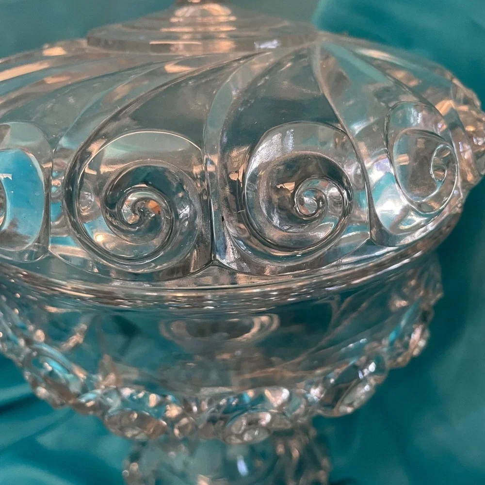 Vintage Lidded Copte Glass Pedestal Candy Dish Lid Swirl Pattern Ornate Design